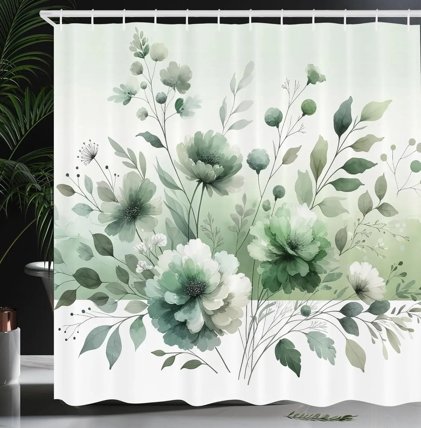 

Premium Watercolor Botanical Floral Shower Curtain Peony Green Leaf Pattern Bathroom Decor Polyester Home