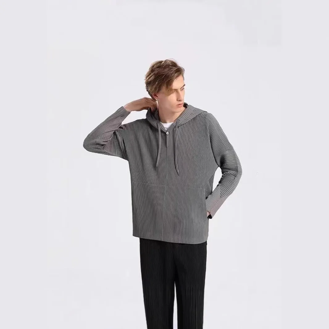 Miyake New Autumn and Winter Hooded Long-sleeved Jacket Pleated Sweater Men's Solid Color Breathable Loose Drawstring Casual