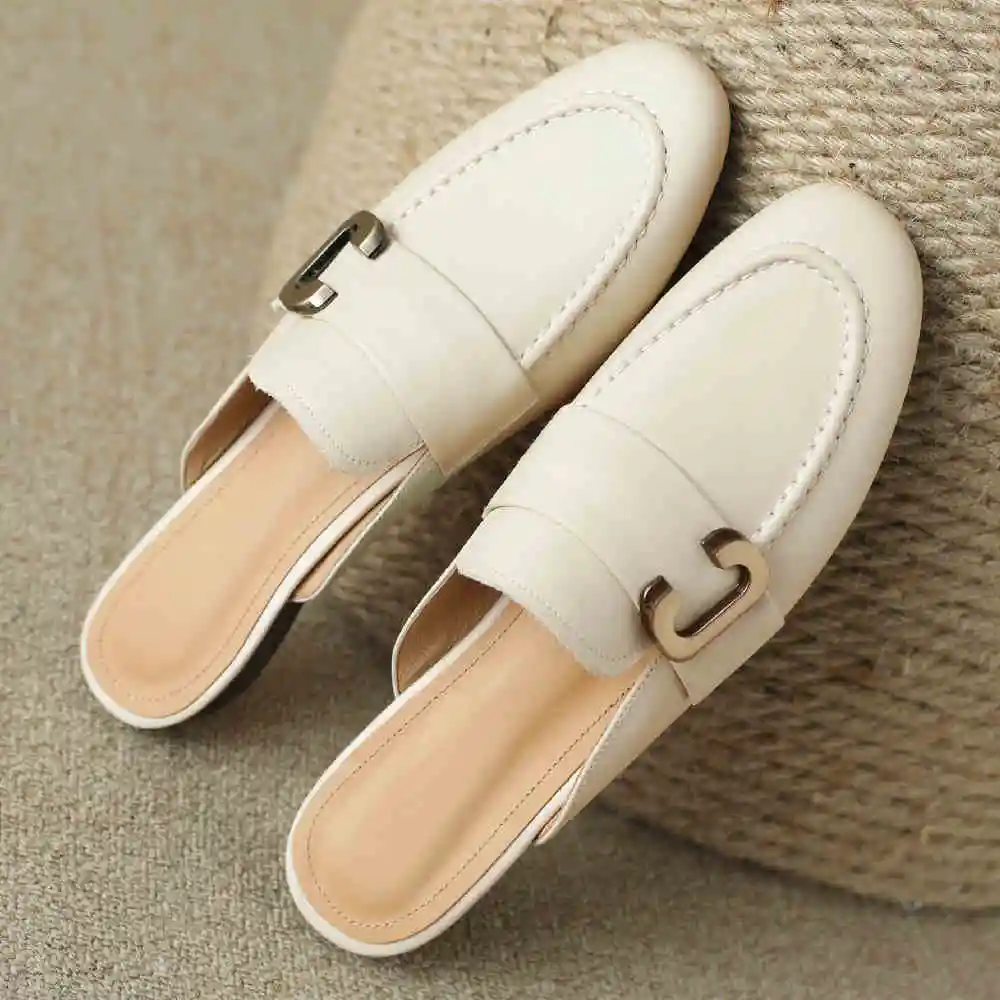 Women\'s genuine leather round toe slip-on flats summer slides casual female soft comfortable mules high quality shoes for women