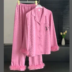 Female 2PCS Pajamas Set Spring Autumn Feathers Long Sleeve Trouser Suits Sleepwear Fashion Sexy Rayon Hot Pink Leopard Homewear