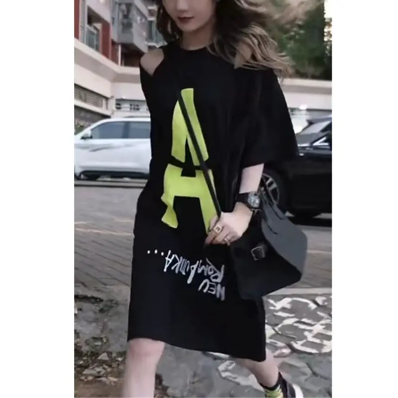 Fashion O-Neck Printed Letter Off Shoulder Short Sleeve Dress Female Clothing 2024 Summer New Loose Young Style Casual Dresses