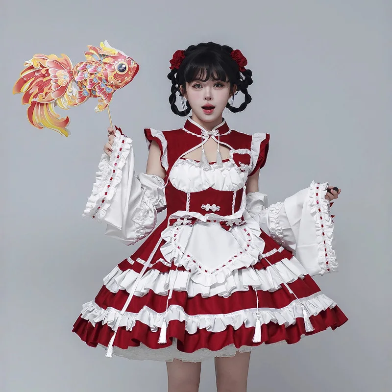 

S-5XL Китайское Cheongsam Роскошное платье горничной Лолиты Косплей Костюм Черный Красный Новогоднее платье горничной Вечерние костюмы на Хэллоуин