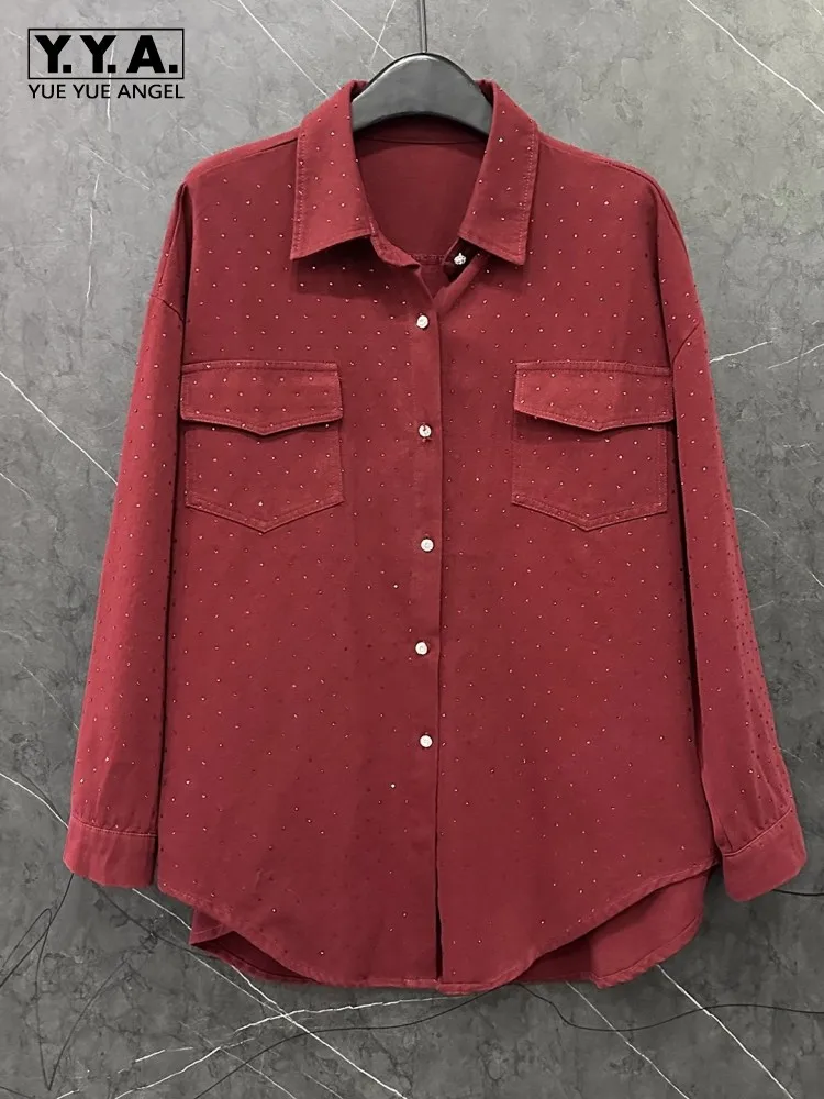 Hot Sale Autumn Diamond Design Loose Fit Women Shirts Long Sleeve Casual Tops Turndown Collar Single Breasted Office Lady Shirt