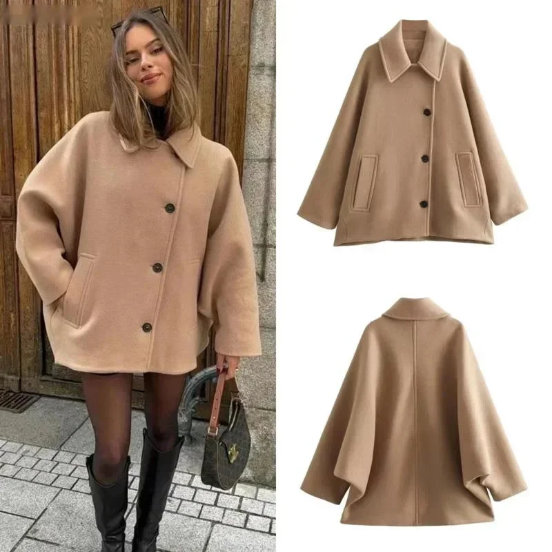 Vintage Diagonal Breasted Warm Loose Jacket Women Lapel Double Pocket Long Sleeve Solid Tops Outerwear Autumn Winter Female Coat