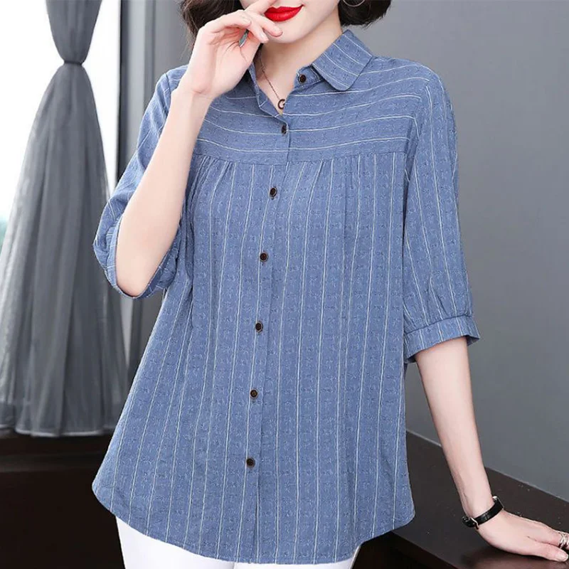 

Fashion Lapel Button All-match Korean Striped Shirt Women's Clothing 2024 Summer New Oversized Casual Tops Loose Commute Blouse