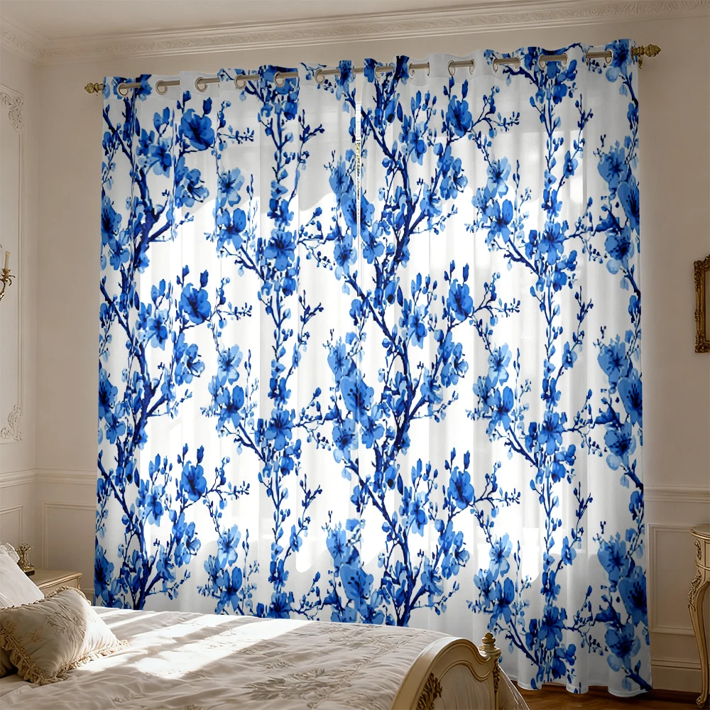 2PCS Chinese Style Blue and White Porcelain Ink Plum Blossom Blackout CurtainsDecorative Window Drapes Living Room Bedroom