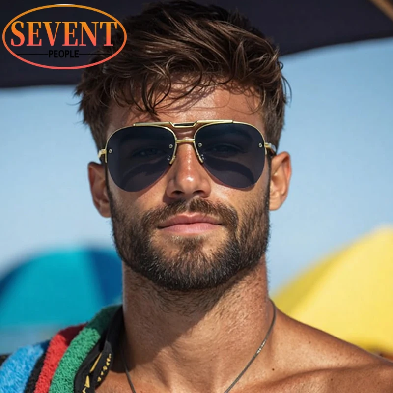 

Oversized Pilot Semi-Rimless Sunglasses Men 2026 Luxury Brand Trendy Steampunk Oval Shades Retro Metal Driving Eyewear For Male