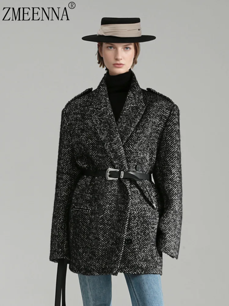 

ZMEENNA женское черно-белое полушерстяное пальто с рисунком «елочка», повседневная модная зимняя верхняя одежда с поясом и лацканами, ZM4631