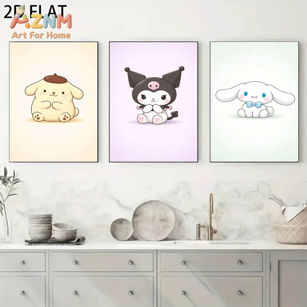AZNM Sanrio Pompompurin Kuromi Cinnamoroll Canvas Wall Art Unframed Cute Cartoon Soft Pastel Character Print Painting Kids Bedro