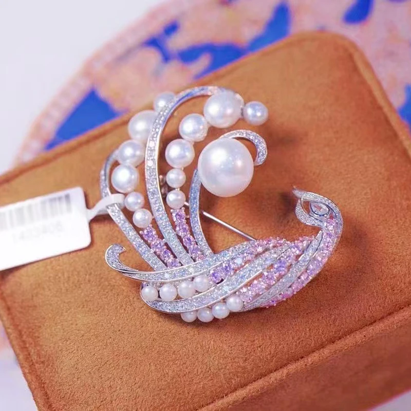 Natural Fresh Water Pearl Brooch Bird Style For Women Fine Jewelry 925Sterling Silver With Cubic Zirconia Elegant Top Value