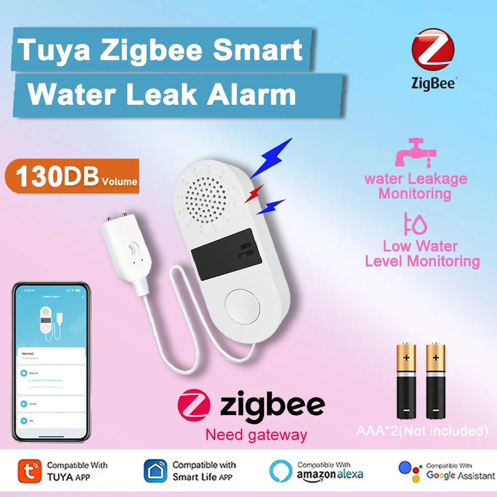 

Tuya Zigbee Water Leak Sensor with Sound And Light Alarm 130DB Smart Life App Control Compatible with Alexa Home Automation