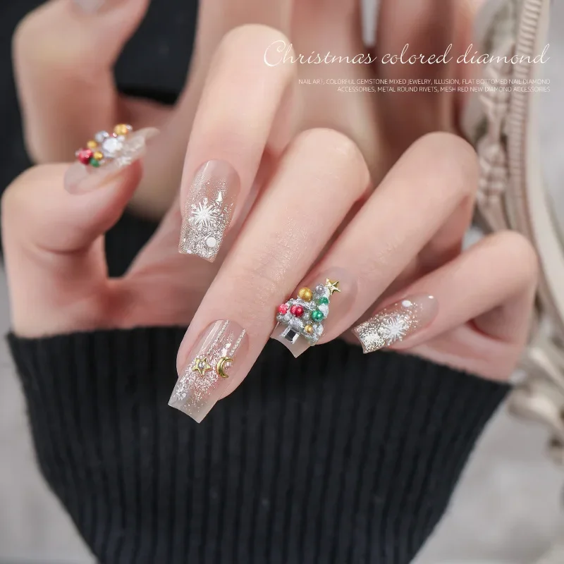 1Set 5g Christmas Nail Art Kit, Mixed Color Beads Bow Metal Slices, Handmade Wearable False Nail DIY Material Accessories