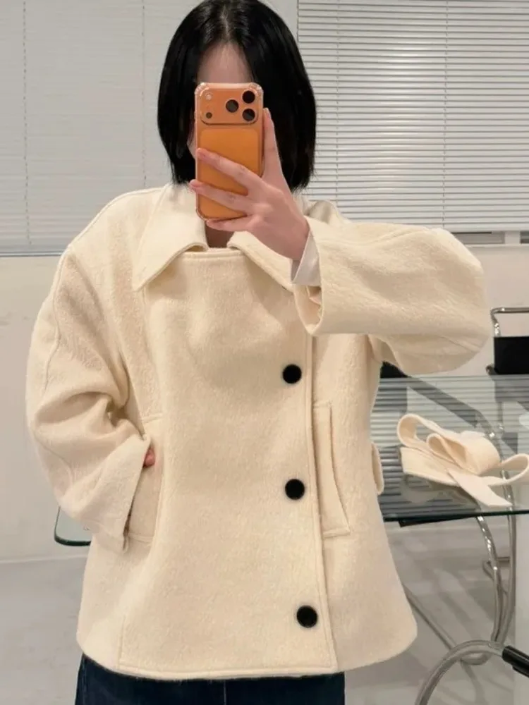 Briti Sle مزدوجة الصدر لون نقي معطف صوفي المرأة شتاء جديد صغير الحجم مربوط تريكو علوي Faionable الشارع Sle #1