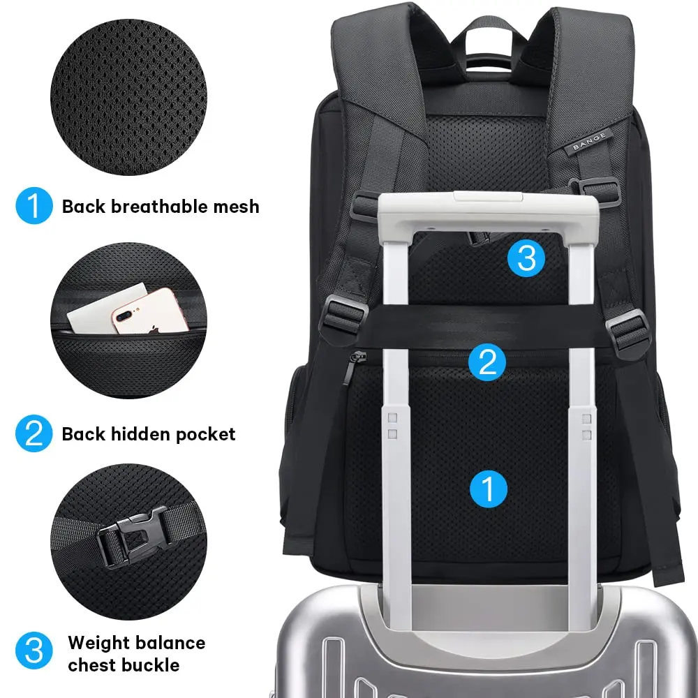 BANGE حقيبة ظهر للكمبيوتر المحمول مقاس 15.6 بوصة مضادة للسرقة للرجال حقائب مدرسية مقاومة للماء حقائب ظهر للسفر للأعمال مع منفذ شاحن USB
