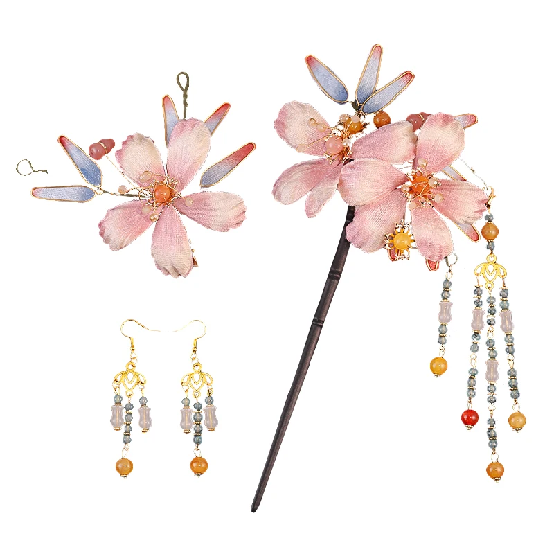 New Chinese Bridal Headgear Light Pink Xiuhe Clothing Flower Hairpin Tassel Hairpin Ethnic Accessories