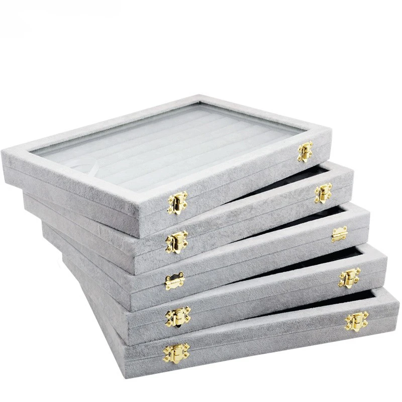 Oirlv Jewelry Box Velvet Gray Carrying Case with Glass Cover Jewelry Display Storage Box Jewelry Cases Velvet Grey Storage Case