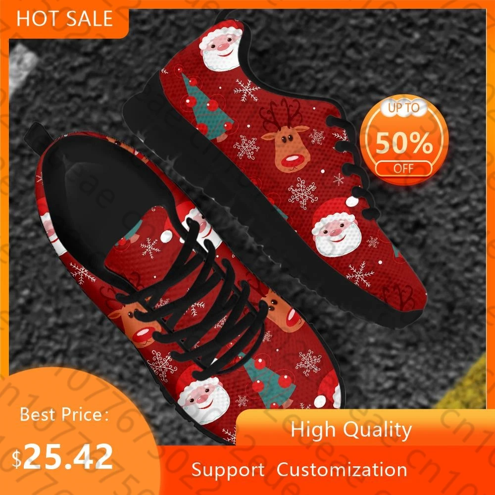 HYCOOL Leisure Sneakers for Women Cute Cartoon Santa and Elk Snowflake Pattern Breathable Air Mesh Shoes Ladies Light Flat Shoes