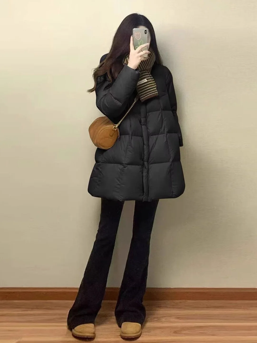 

Black Mid-Length Cotton Jacket Women's Casual Style Winter Coat Thickened Versatile Commute Korean Version Long Sleeve Zipper