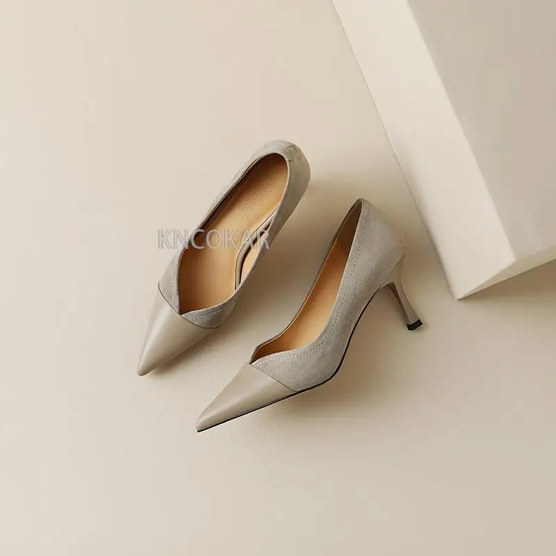 2023 nuove cuciture tacchi alti scarpe singole da donna a punta temperamento sottile scavato albicocca abbinato bocca poco profonda