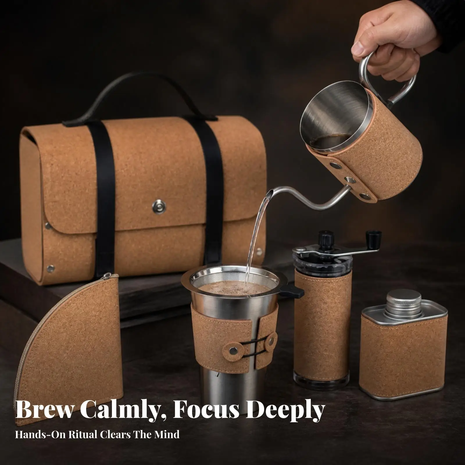 Manual Coffee Set with Carry Case Cork-Finished, multi-functional, adventure Manual Coffee Set with, for Camping