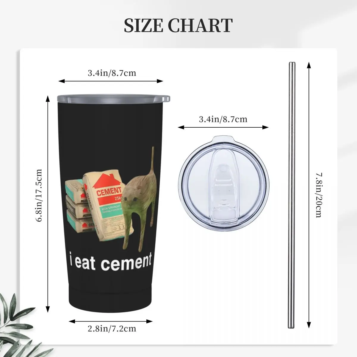 I Eat Cement Funny Cat Meme Stainless Steel Tumbler Vacuum Insulated Mug Thermal Cold Cup Straws With Lid 20oz