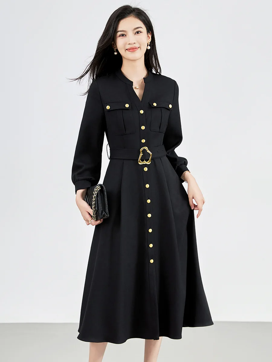 ZJYT High Quality Autumn Elegant Dresses for Women 2024 New Long Sleeve Single Breasted Brief Casual Midi Dress Office Lady Robe