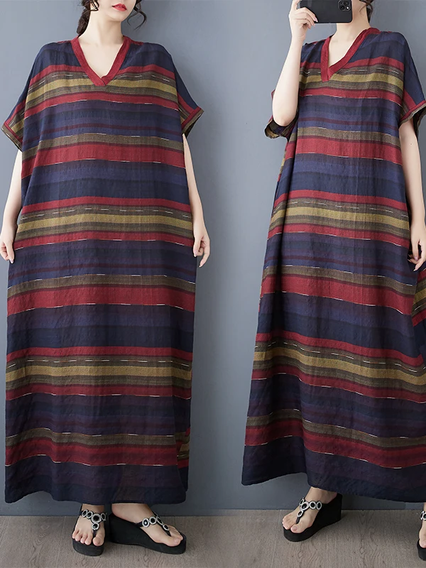 

New Cotton Linen Print V-ne Loose plus Size Simple Holiday Sle Long Dr Women's Knee-length Bat Skirt Summer Faion