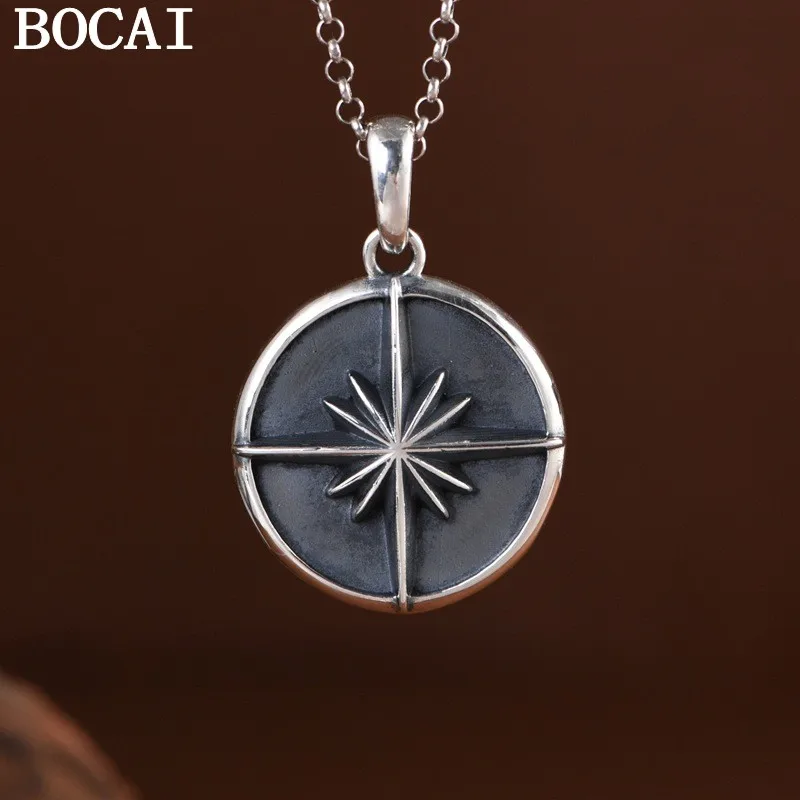 

BOCAI NEW S925 Pure Silver Retro Simple Cross Star Light Round Pendant