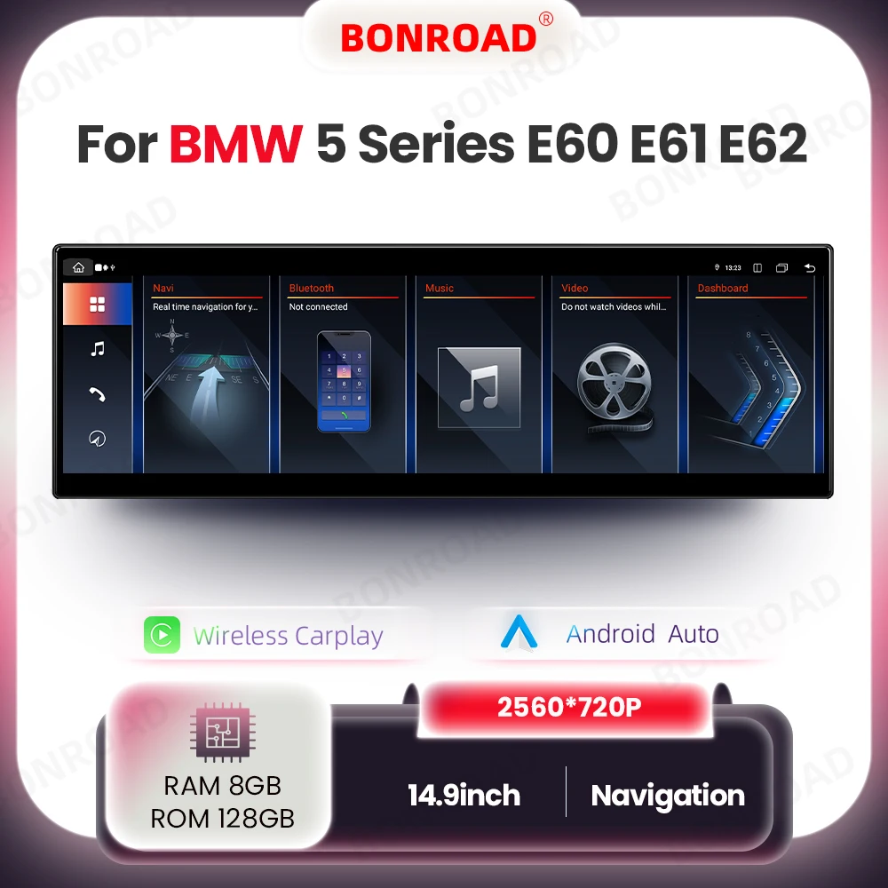 Bonroad Autoradio Multimediale Wireless Carplay Android Auto GPS da 14,9 Pollici per BMW Serie 5 E60 E61 E62 con Schermo Touch 2560*720P