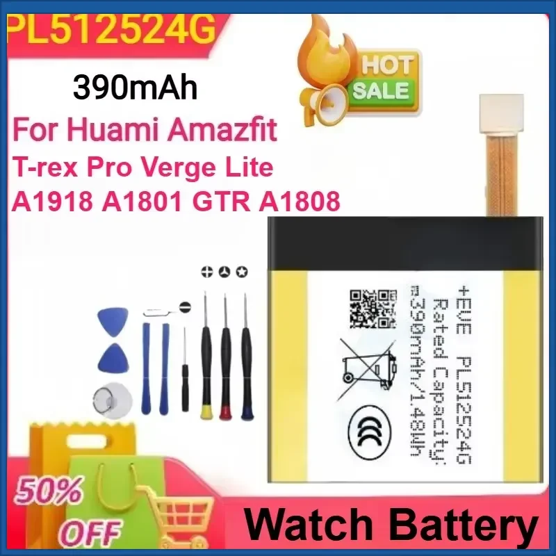 390mAh PL512524G PL502524V Battery for Huami Amazfit T-rex Pro Verge Lite A1918 A1801 GTR A1808 Watch Batteries