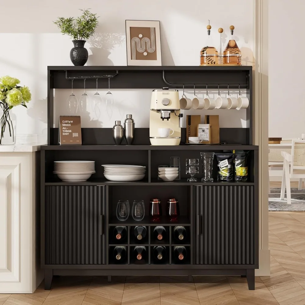

Vabches Fluted Coffee Bar Cabinet with Charging Station, 47.2 W Liquor Cabinet with Removable Wine Rack, Glass Holder, Modern Ho