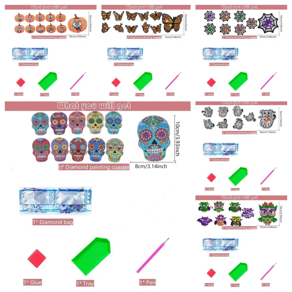 10 DIY special-shaped diamond painting art sets, Halloween animal pattern without shelves, living room and kitchen coasters