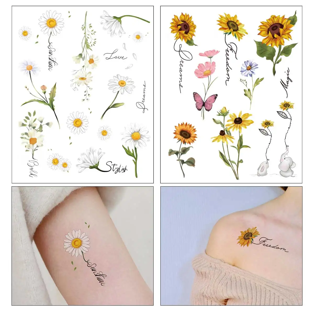 Pegatinas de tatuaje impermeables para mujeres y niñas, calcomanías de margaritas de colores dulces, accesorios de tatuaje semipermanentes a la