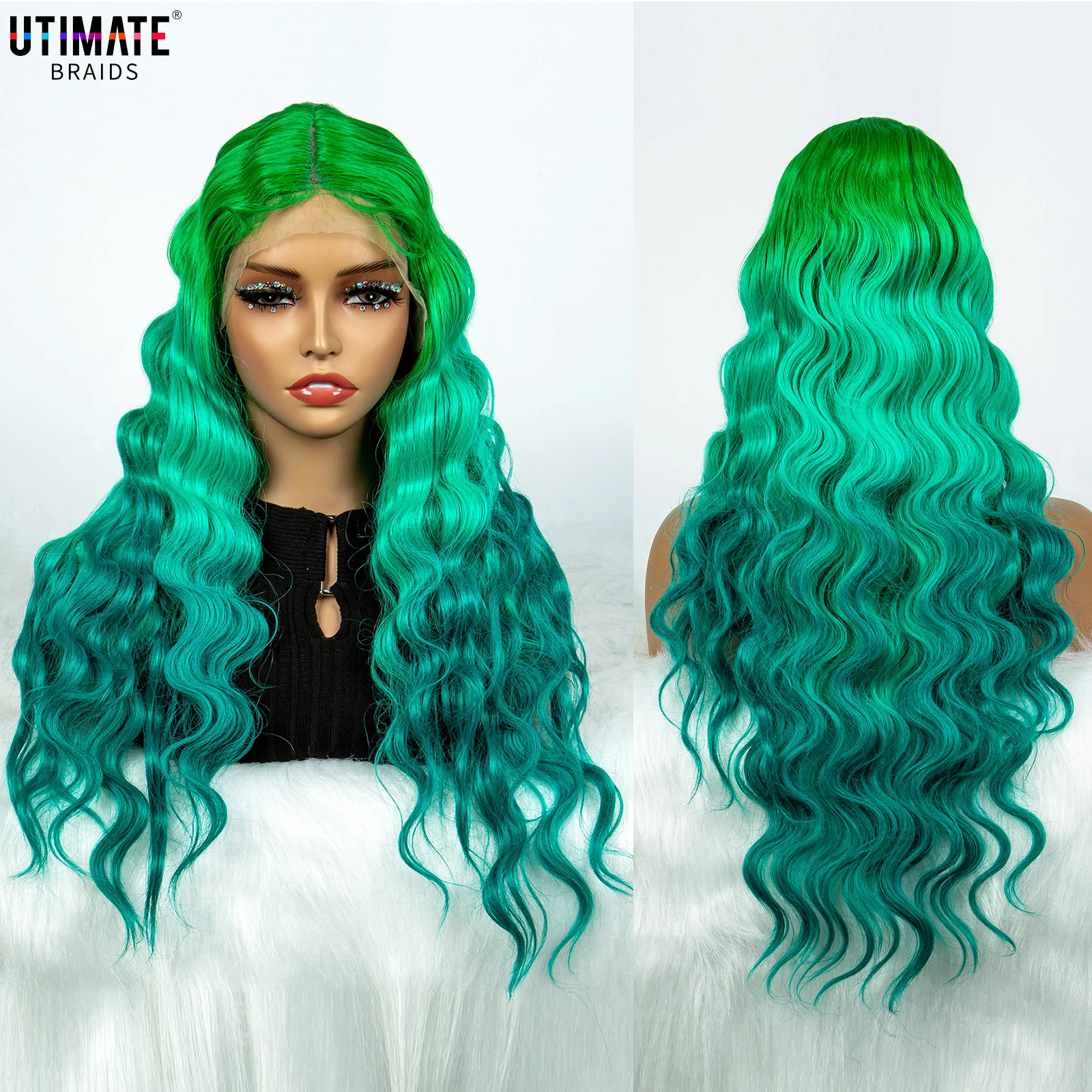 Ombre Green Wigs Middle Part Wigs for Women Long Wavy Curly Hair Wigs Green Roots Wigs for Women Cosplay Party Daily Use