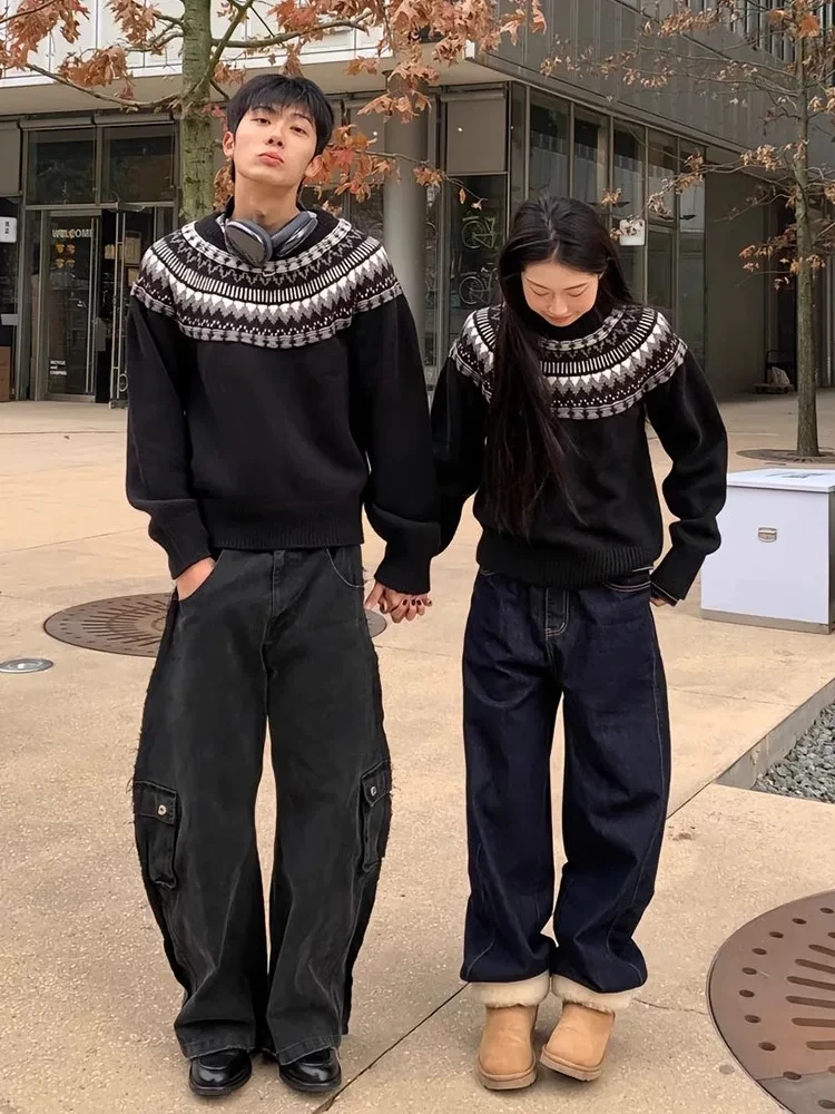 Retro Knitted Sweater Men's Warmth Couple American Chic Lazy Style Winter Outerwear Geometric Pattern round Neck Long Sleeve