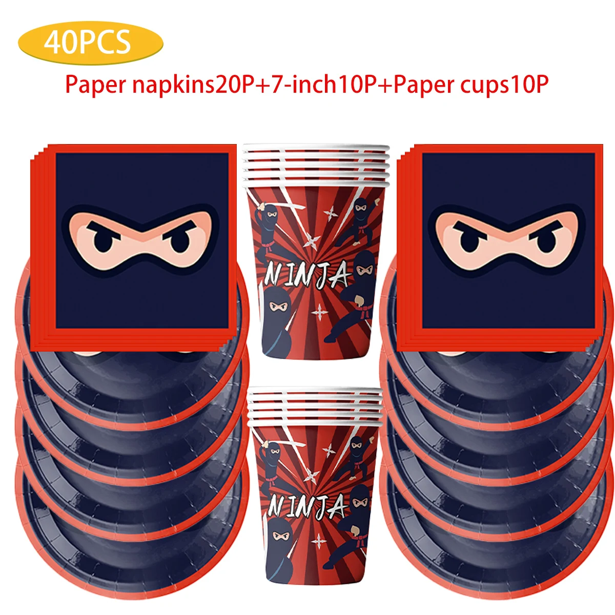 KAYOU-Red Ninja Theme Disposable Tableware Set for Children, Happy Birthday Party Decoration, Napkin, Cup, Plate, Party Decor