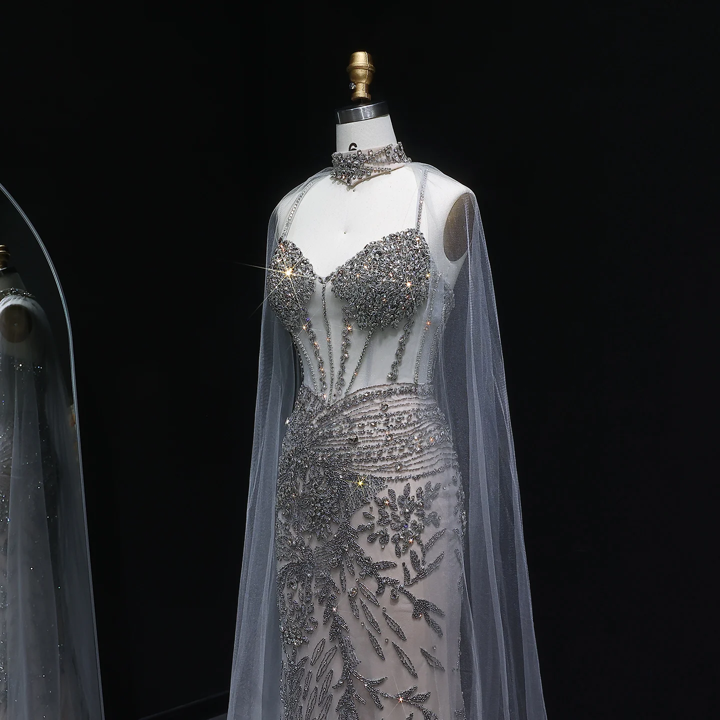 Sharon Said Luxuriöses Champagner-Abendkleid mit Cape-Ärmeln und Spaghettiträgern für Damen, Hochzeit, Party, Ballkleid SS071, Maßanfertigung – Detail 5