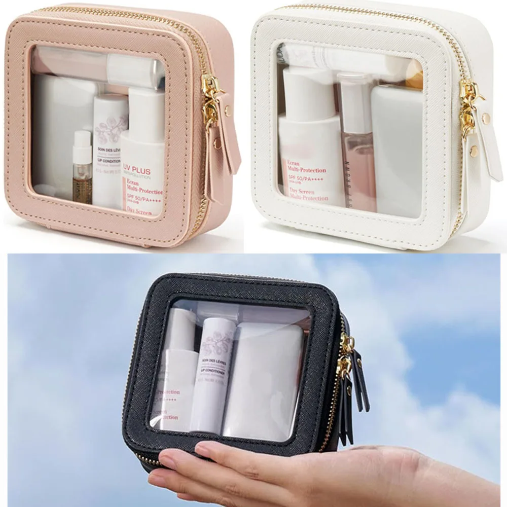 Portable Transparent Zippers Makeup Bag PU Waterproof Square Cosmetics Pouch Women Face Washing Bag Travel Toiletry Bag Pouch