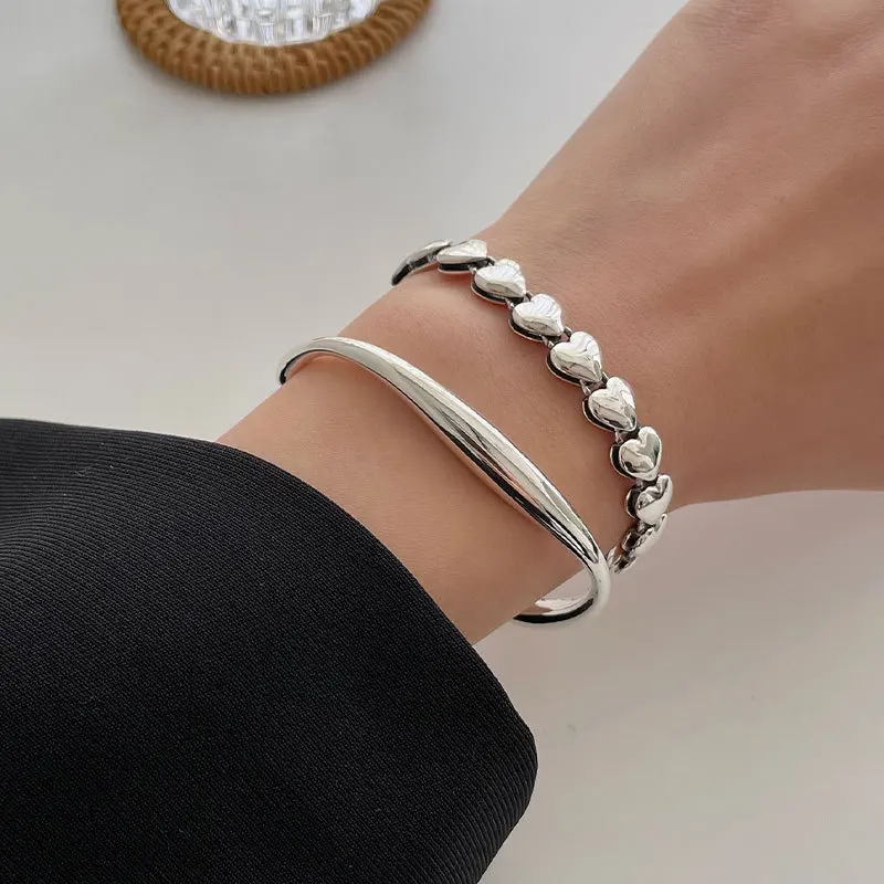 

925 Sterling Silver Hiphop Love Heart Bracelet for Women Girls Vintage Irregular Bangles Handmade Hasp Bracelet Party Daily Gift