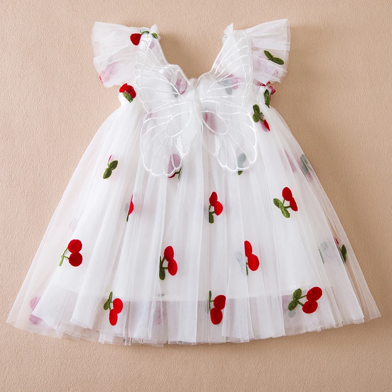 Summer New Girls\' Little Flying Sleeve Dress Children\'s Bow Strawberry Embroidery Mesh Princess Dress Baby Girl Dress for 1-5Yrs