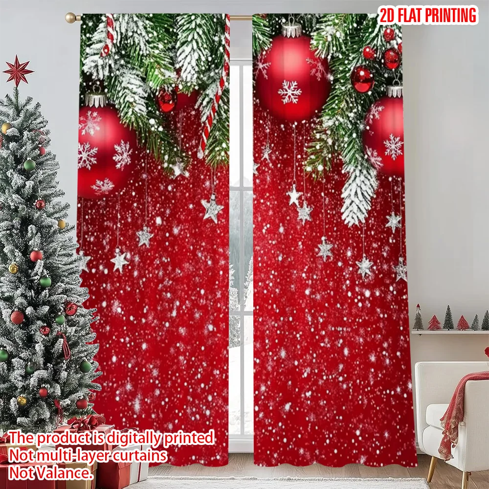 

2pcs 2D flat printing Merry Christmas Window Curtains Red Christmas 00 100% Polyester Without Electricity Festive Holiday for