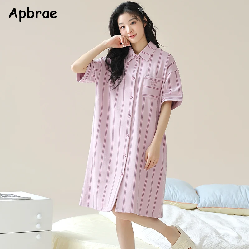 Women Cardigan Nightgowns Leisure Woman Sleepshirt Short Sleeves Lapel Pajama Dress Kawaii Girl Nightdress Female Homedress