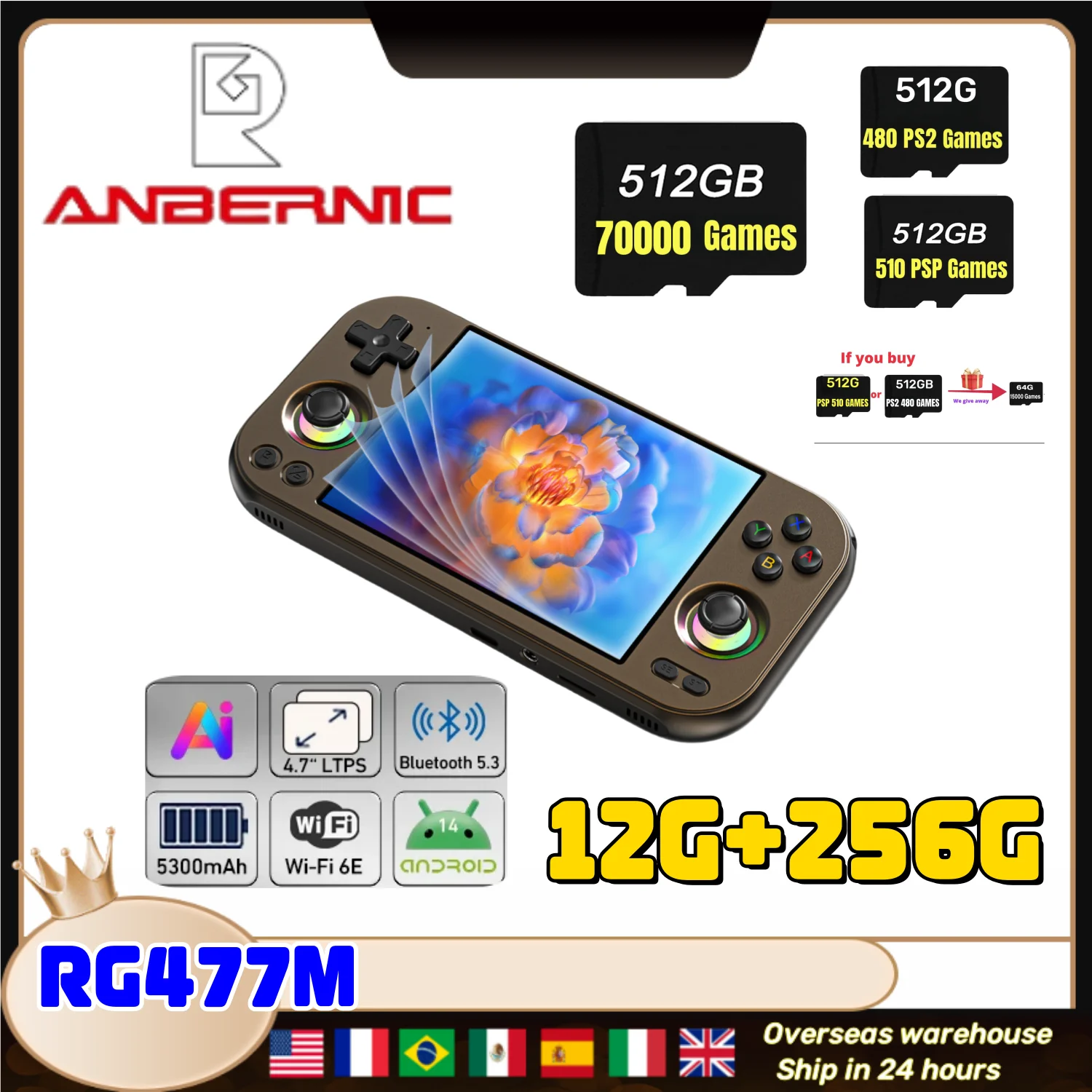ANBERNIC RG477M Retro Handheld Game Video Player Console 4.7-inch LTPS OCA  Android 14 Bluetooth WIFI 12G+256G PSP PS2 RG 477M