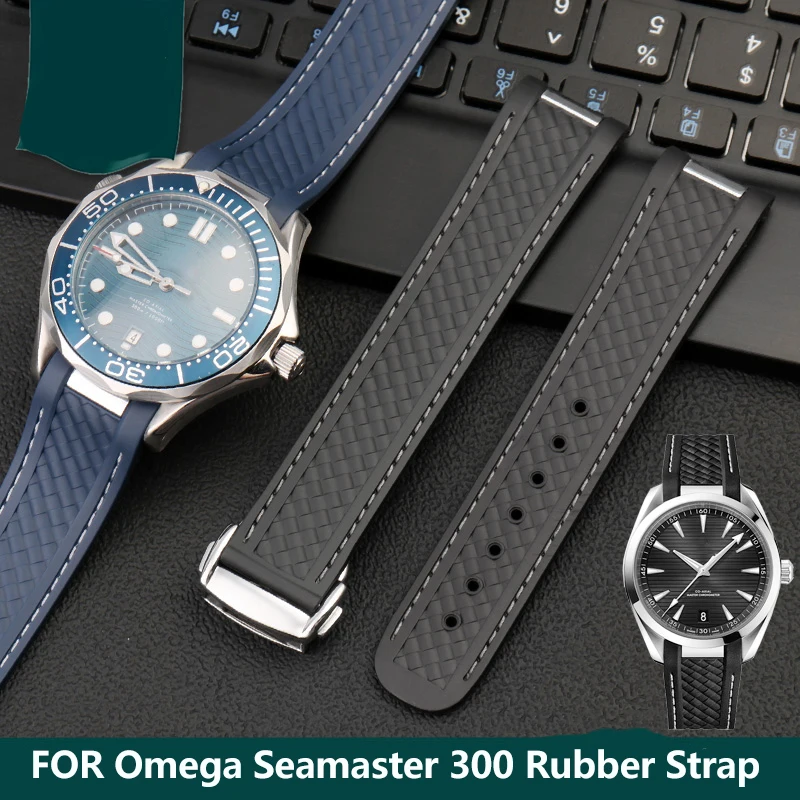 20mm Rubber Silicone Watch Strap For Omega Seamaster 300 AT150 Aqua Terra Ultra Light 8900 Steel Buckle Blue Watchband Bracelets