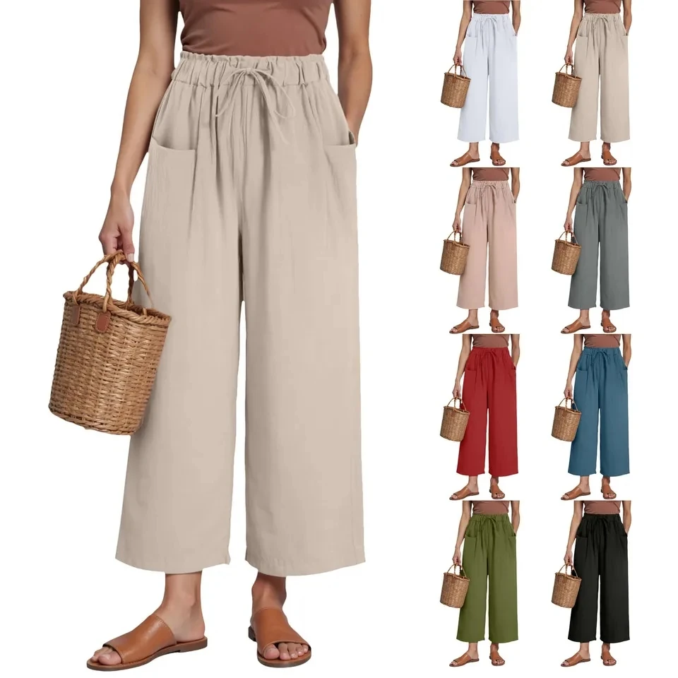 

Spring And Summer Wide Leg Pants For Women New Elastic Waist Drawstring Beach Pants With Pockets Casual Loose Straight Trousers