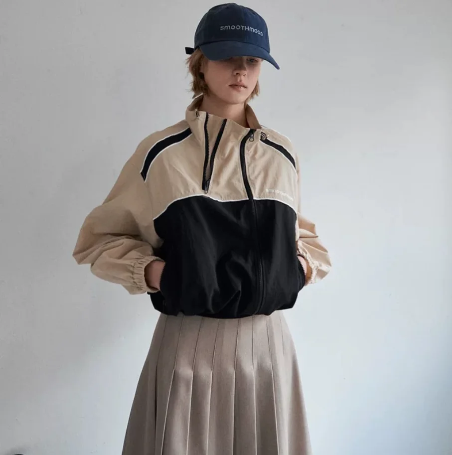 Spring 2025 Smoothood Loose Fit Retro Color Blo Stand Collar Zipper Jaet Sweatirt Korean Sle Women's ort Outerwear