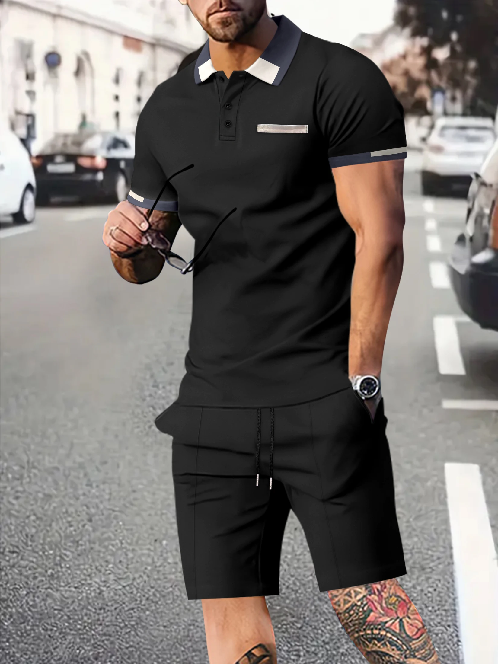 Summer Men's Short Sleeve Suit Fashion Solid Color Casual Shorts Sportswear Short Sleeve Two-piece Sets Men's Suit
