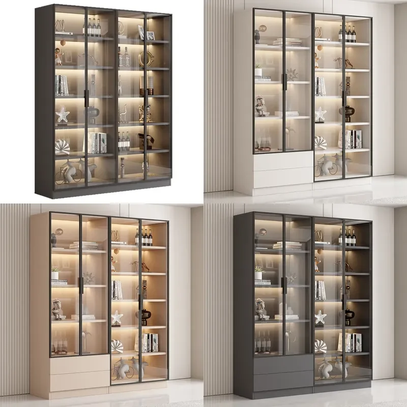 Modern Glass Door Display Cabinet Luxury Bookshelf Wine Storage Unit for Living Room Home Decor Model Showcase Wall Furniture