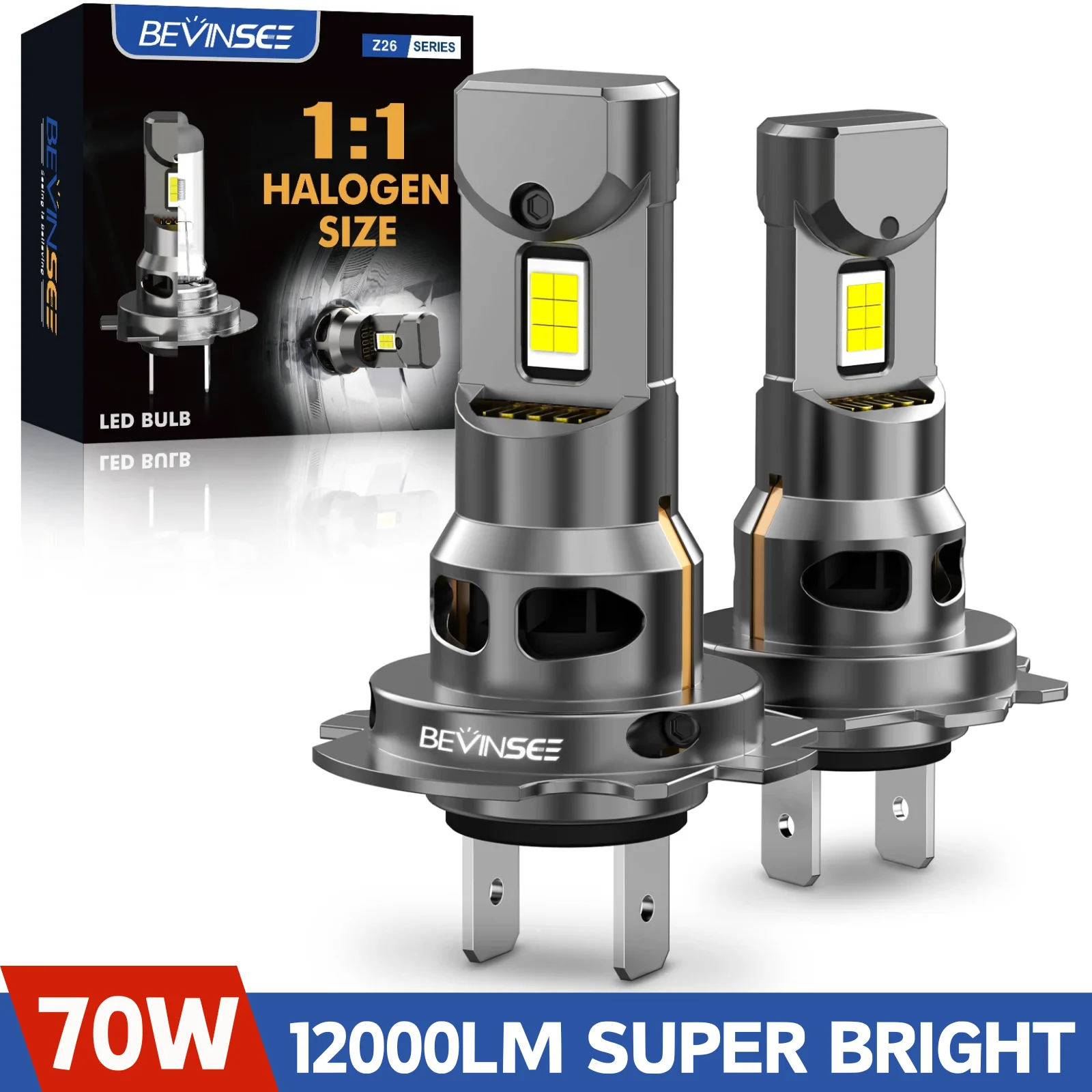 BEVINSEE H7 LED CANBUS Headlight Bulbs H11 H1 H3 880 881 HB3 9005 HB4 9006 LED Fog Light 70W 12000LM Wireless Turbofan 6000K 12V