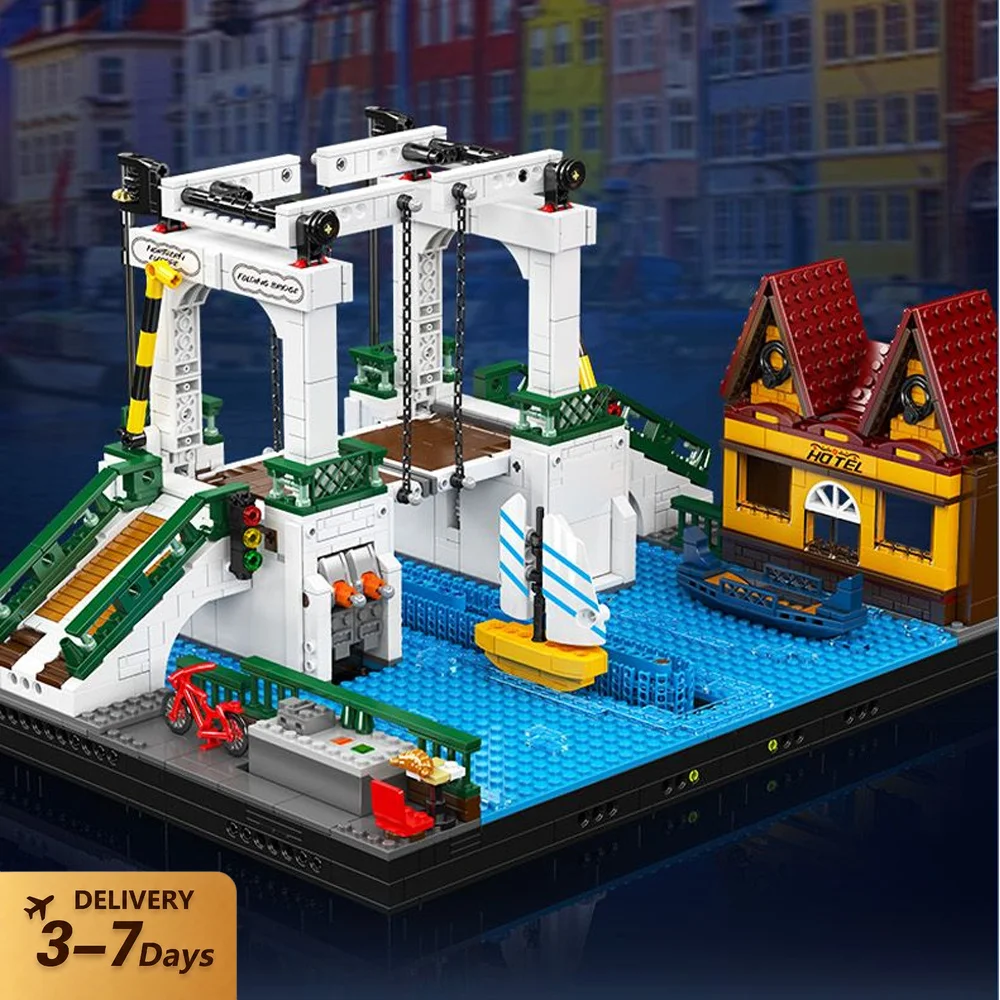 Mould King 16068 Nordische Stadt Faltbare Brücke Bausteine Stadtansicht Architektur Modulares Montagemodell Baustein-Set Heimdekoration Kreatives Spielzeug Geschenke für Erwachsene 2066 Teile